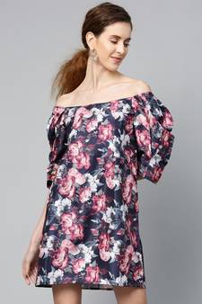 Navy Floral Puff Sleeve Shift Dress