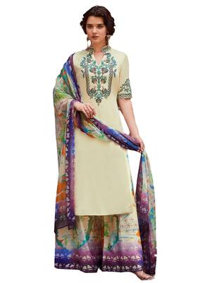 Beige Embroidered Rayon semi stitched sawlar with dupatta 1