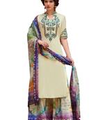 Beige Embroidered Rayon semi stitched sawlar with dupatta