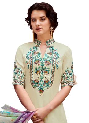Beige Embroidered Rayon semi stitched sawlar with dupatta 2