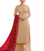 Beige Embroidered Crepe semi stitched sawlar with dupatta