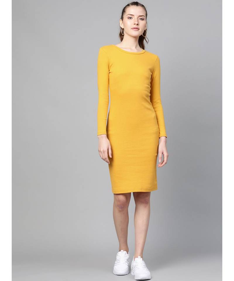 Mustard Rib Bodycon Dress - SASSAFRAS - 3333502