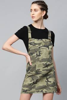 Green Camouflage Twill Pinafore Dress