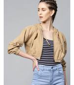 Beige Cotton Plain Cropped Hooded Jacket