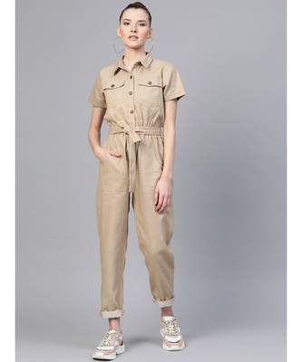 Beige Belted Twill Tapered Jumpsuit 1