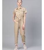 Beige Belted Twill Tapered Jumpsuit