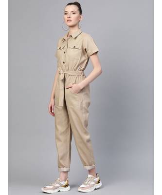 Beige Belted Twill Tapered Jumpsuit 2