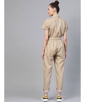 Beige Belted Twill Tapered Jumpsuit 3