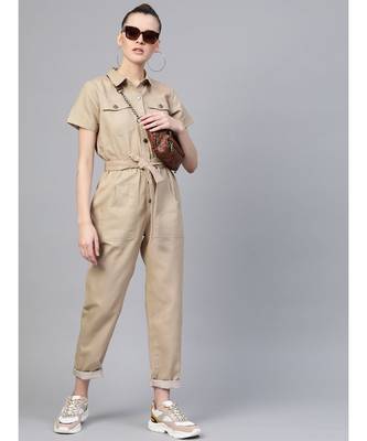 Beige Belted Twill Tapered Jumpsuit 4