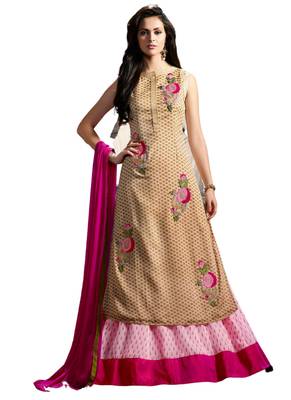 Beige Embroidered Georgette semi stitched sawlar with dupatta 1