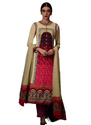 Beige Printed cotton semi stitched sawlar with dupatta 1