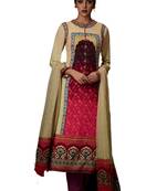 Beige Printed cotton semi stitched sawlar with dupatta