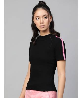 Black Rib High Neck Shoulder Tape Top 1