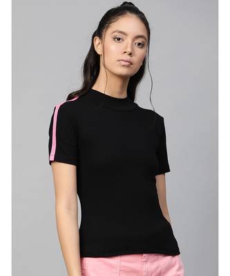 Black Rib High Neck Shoulder Tape Top 2