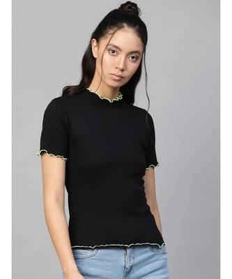 Black Rib Contrast Stitch High Neck Top 1