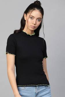Black Rib Contrast Stitch High Neck Top