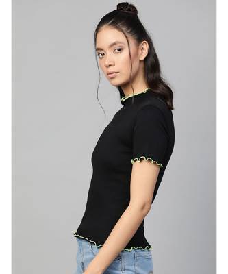 Black Rib Contrast Stitch High Neck Top 2