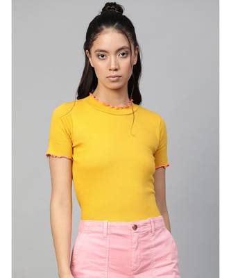 Mustard RIb Contrast Stitch High Neck Top 1