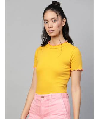Mustard RIb Contrast Stitch High Neck Top 2