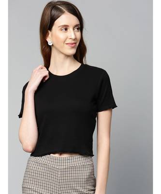 Black Rib Round Neck Crop Top 1