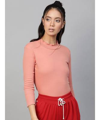 Peach Rib High Neck Full Sleeve Top 1