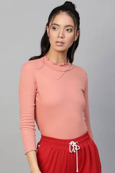 Peach Rib High Neck Full Sleeve Top
