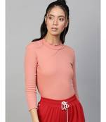 Peach Rib High Neck Full Sleeve Top