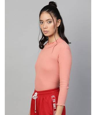 Peach Rib High Neck Full Sleeve Top 2