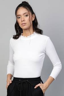 White Rib High Neck Full Sleeve Top
