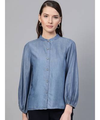 Blue Gather Sleeve Denim Shirt 1