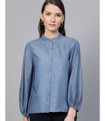 Blue Gather Sleeve Denim Shirt