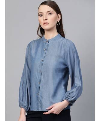 Blue Gather Sleeve Denim Shirt 2