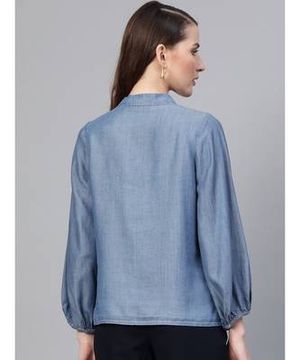 Blue Gather Sleeve Denim Shirt 3