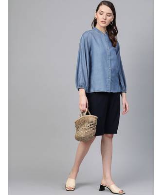 Blue Gather Sleeve Denim Shirt 4