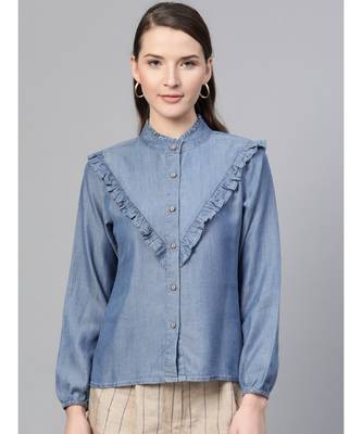 Blue Front Frilly Denim Shirt 1