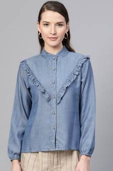 Blue Front Frilly Denim Shirt