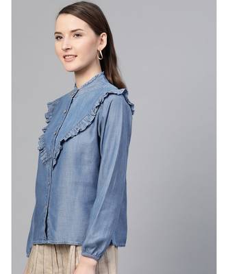 Blue Front Frilly Denim Shirt 2