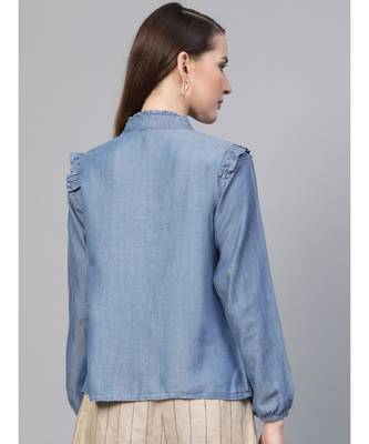 Blue Front Frilly Denim Shirt 3