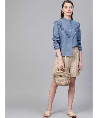 Blue Front Frilly Denim Shirt 4