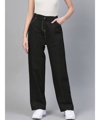 Black With White Contrast Stitch Wide Jeans 1