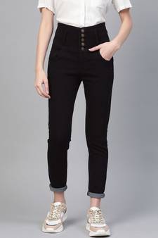 Black Metal Button High Waist Jeans