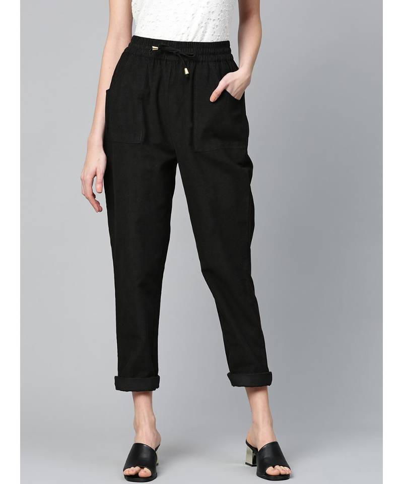 Black Corduroy Street Style Drawstring Pants