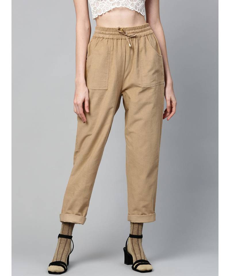 Beige Corduroy Street Style Drawstring Pants