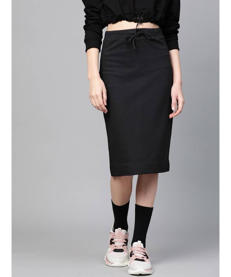 Black Terry Drawstring Pencil Skirt