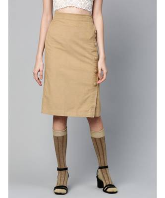 Beige Corduroy Side Button Midi Skirt 1