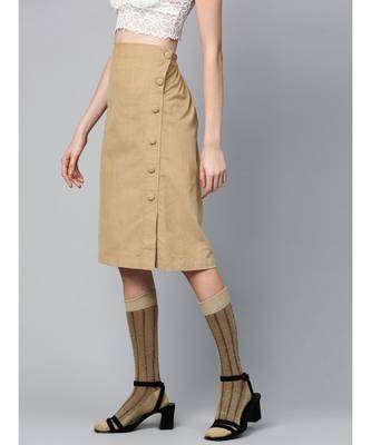 Beige Corduroy Side Button Midi Skirt 2