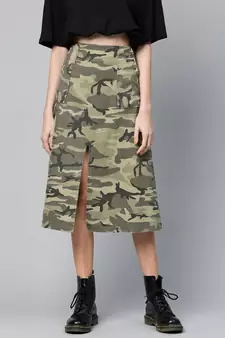 Green Camouflage Twill Front Slit Skirt