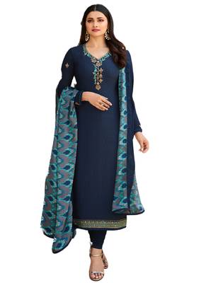 Blue Embroidered Crepe semi stitched sawlar with dupatta 1