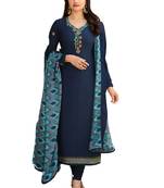 Blue Embroidered Crepe semi stitched sawlar with dupatta