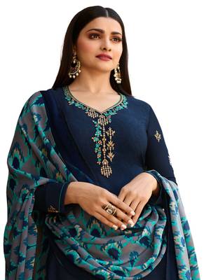 Blue Embroidered Crepe semi stitched sawlar with dupatta 3